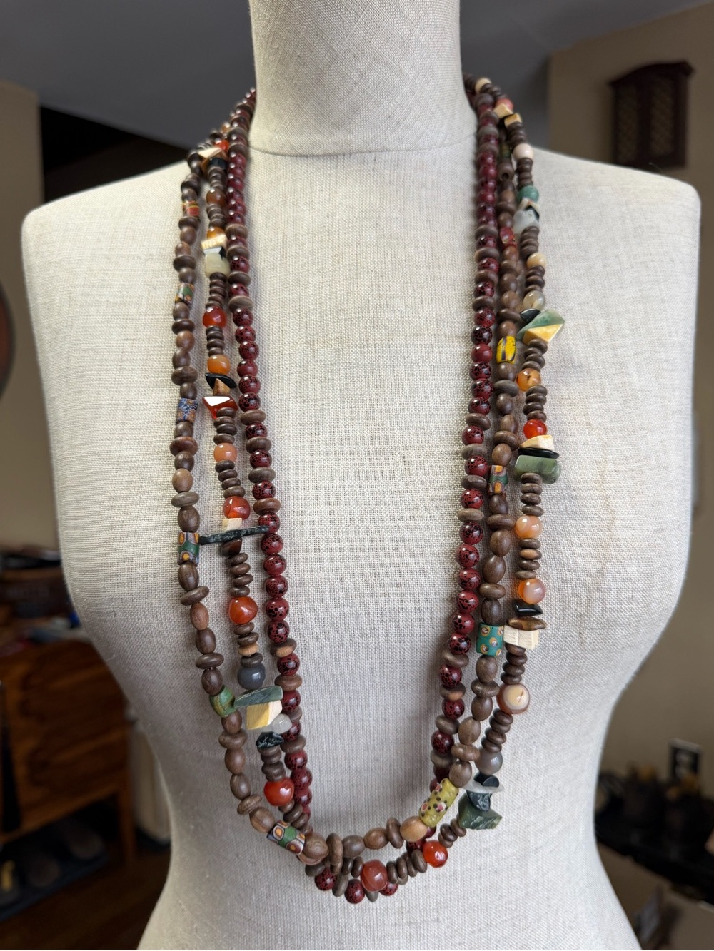 Vintage 12K Gold Filled Clasp 3-Strand Boho Gemstone & Millefiori Wood Necklace